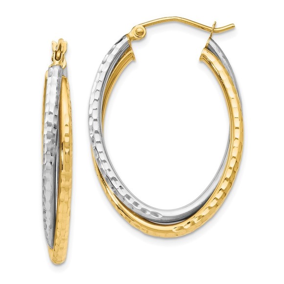 14K Two-tone Polished Oval Hinged Hoop Earrings - Picture 1 of 4